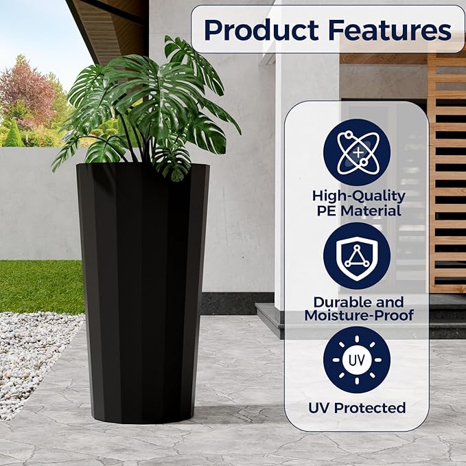 23.6" Tall Outdoor Planters Set of 2, Large Planters for Outdoor Plants for Porch Decor with Drainage Hole, Wide Stripe Design Porch Flower Pots for Indoor Pot Patio/Garden, Black Outdoorchairs