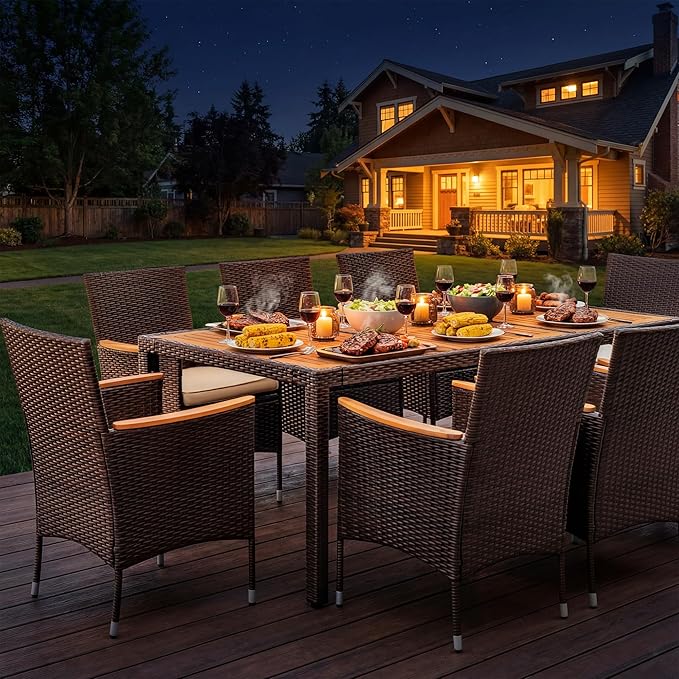 Devoko Outdoor Patio Dining Sets 9 Pieces Wicker Outdoor Dining Table and Chairs Set with Acacia Wood Table Top and Widened Armrests for Backyard, Garden, Deck (Brown) DEVOKO