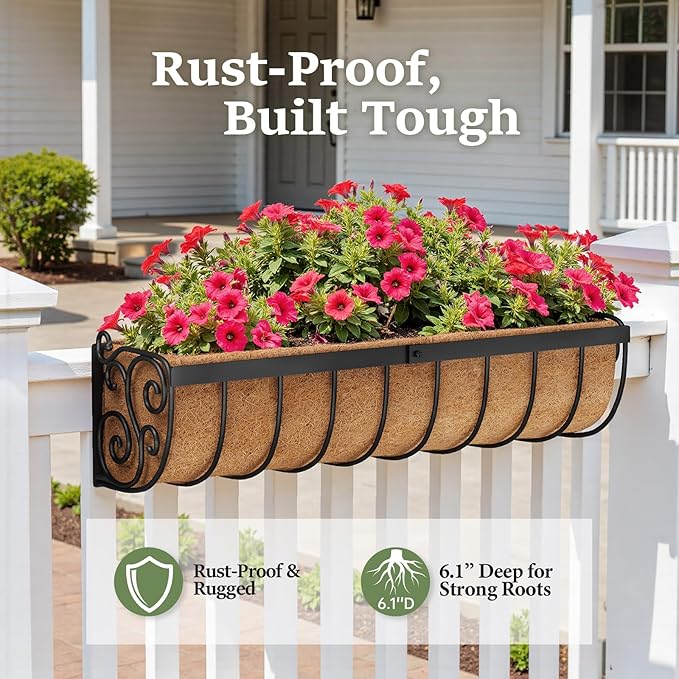 Railing Planter Boxes, 24 Inch Window Boxes Planters, Balcony Planters with Adjustable Brackets & Coco Liner & Support Rod for Outdoor Fence, Deck, Porch, and Patio Gardening, 2 Pack VOXOR