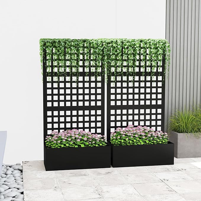 Outsunny Galvanized Raised Garden Bed with Trellis, Metal Planter Box with Drainage Holes, Outdoor Privacy Screen for Climbing Plants, Vegetable, Vines, 35" x 16" x 70", 2 Pack, Black Outsunny