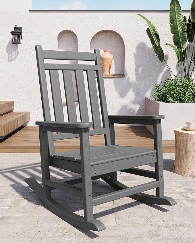GarveeLife Poly Lumber Rocking Chair Outdoor Set of 4- HDPE High Back Porch Rocker Chairs for Adults - All Weather Resistant Furniture for Patio - Gray GarveeLife