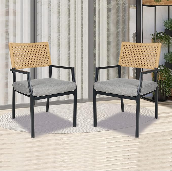 Grand Patio Outdoor Dining Chair Set of 2, 2-Piece Stackable Wicker Chairs with Cushions and Armrest for Restaurant, Garden, Porch, Lawn and Poolside GrandPatio