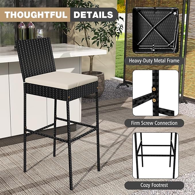 HAPPYGRILL Wicker Patio Barstools Set of 4, Outdoor Rattan Bar Chairs with Footrest & Backrest, Armless High Top Chairs with Seat Cushions for Backyard, Balcony HAPPYGRILL