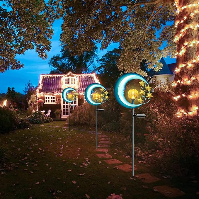 Stars Moon Solar Lights Outdoor - Solar Powered Garden Lights Decorative Crackle Glass Globe Led Waterproof Landscape Lighting for Pathway,Yard,Lawn,Patio SunsGiftNighttimeBliss