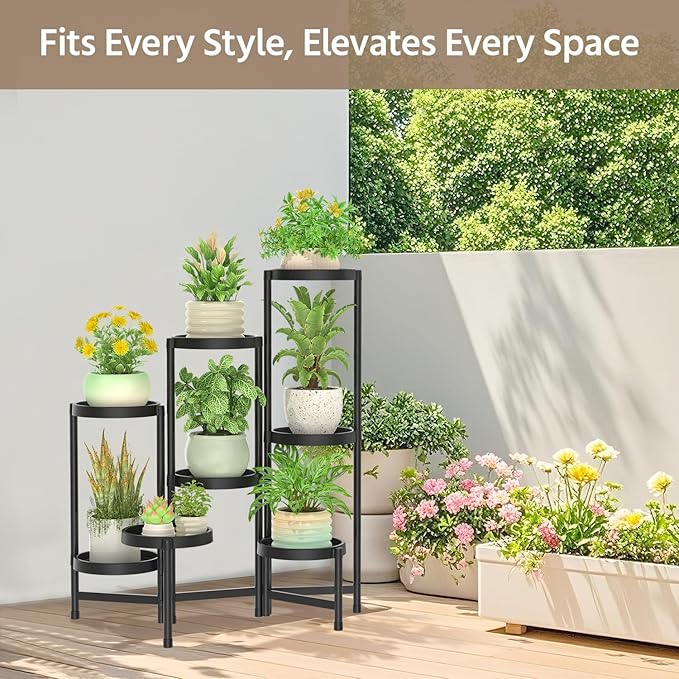 LASZOLA 8 Tiered Folding Plant Stand Indoor for Multiple Large Planter, Tall Heavy Duty Adjustable Rack with Rust Proof Plastic Shelving, Sturdy Vertical Tree Organizer for Narrow Inside Floor, Black LASZOLA