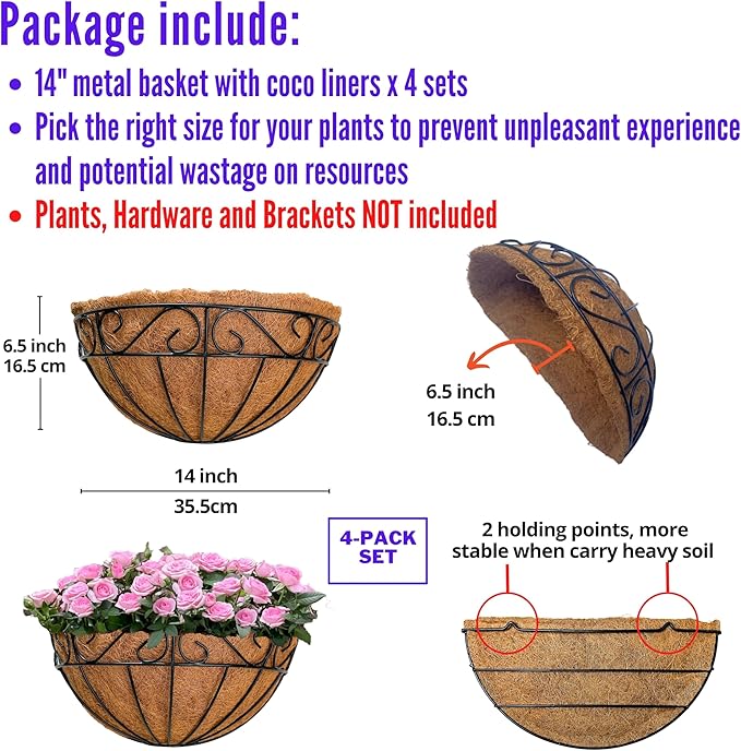 LaLaGreen Outdoor Wall Planters, 4 Pack, 14 Inch Large Balcony Planter Railings Hanging, Rail Flower Basket with Coco Liner English Horse Trough Black Metal Wire Succulent Pot Holder Deck Porch Garden L%C3%A1L%C3%A1Green