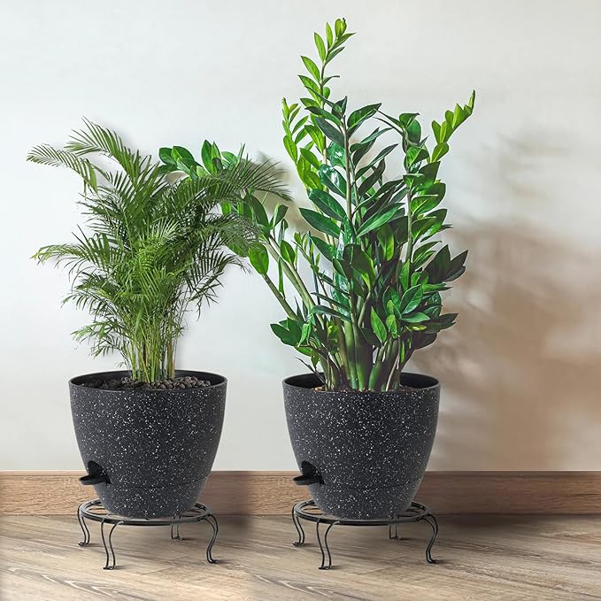 12inch 2Pack Large Self Watering Planters, Plastic Plant Pots with 60oZ Removable Deep Reservoir and Multi Mesh Drainage Holes for Indoor Outdoor Garden Plants and Flowers, Black Speckles UOUZ