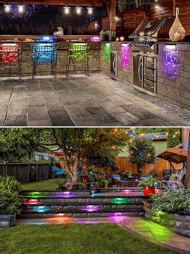 5W RGB Retaining Wall Lights 7 inch LED Hardscape Lighting Color Changing Low Voltage Landscape Paver Lights 12V Step Lights Outdoor Waterproof Stair Deck Lighting (12 Pack+Connectors) DOREIO