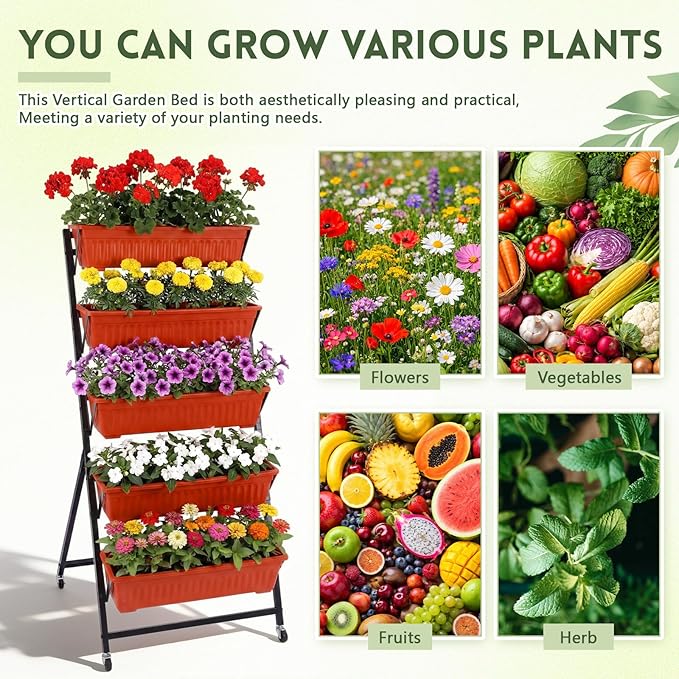 2 Pack 5-tier Vertical Garden Planter 4.5 ft Tall Raised Garden Bed with Lockable Wheels & Drainage, Removable Elevated Herb Vegetable Flower Planter for Patio Deck Indoor Outdoor(Brick Red) Briwooody