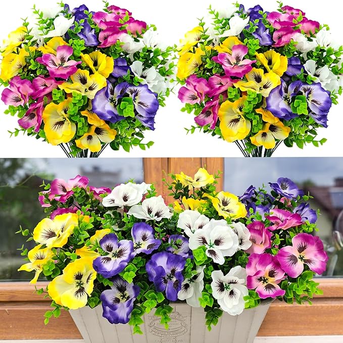 Pansies Artificial Flowers for Outdoors UV Resistant 12 Bundles Silk Pansy Plastic Fake Plants Flowers for Home Outside Garden Window Box Patio Planter Porch Decor (Mixed Color1) Guagb