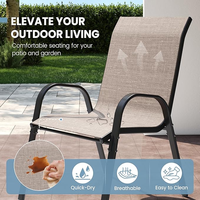 Patio Dining Chairs Set of 2, Outdoor Stackable Chairs, Breathable Seat and Alloy Steel Frame Fit for Backyard,Garden,Porch, Lawn，Poolside (Light Brown) VonzoyHome