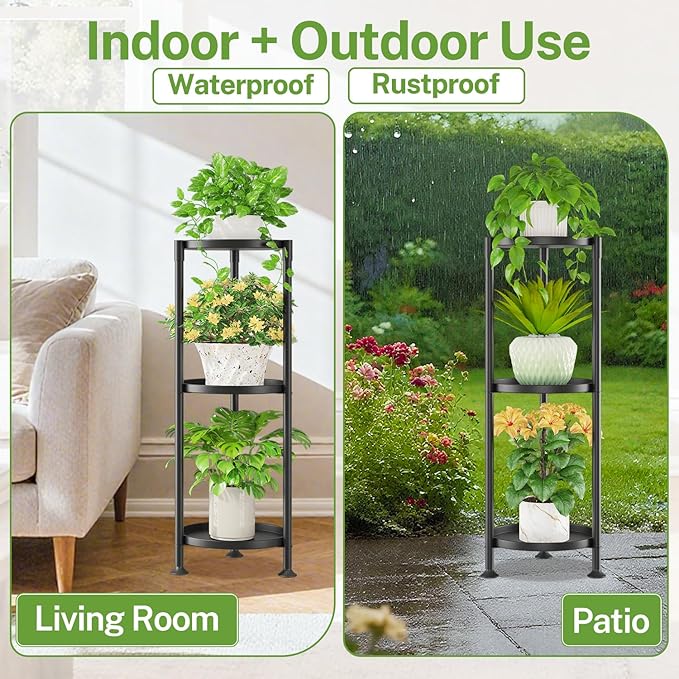 iDavosic.ly 3 Tier Plant Stand Indoor with 10 Inch Wide Tray, Tiered Corner Metal Outdoor Flower Display Holder, Vertical Tall Rack for Patio Porch Living Room, Modern Black iDavosicly