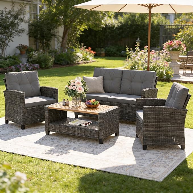 Wisteria Lane 4 Piece Patio Furniture Set, Wicker Outdoor Patio Conversation Furniture Set, All Weather Outdoor Patio Sofa with Cushion and Wood Table, Grey Wood WisteriaLane