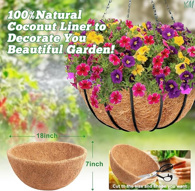 Y&M 2pcs 18“ Round Coconut Fiber Liner, 18'' Coco Liner Pre-Formed Replacement for Wall Hanging Planter Basket YM
