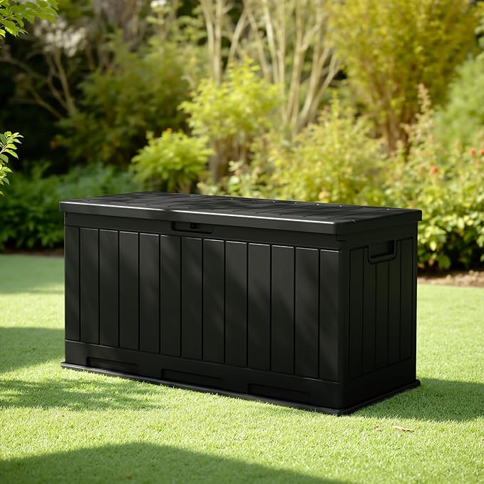 JUMMICO 90 Gallon Waterproof Resin Deck Box, Double Wall Outdoor Storage Box with Lockable Lid for Garden Tools, Patio Cushions, Pools (Black) JUMMICO