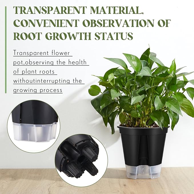 Self Watering Pots for Indoor Plants with Deep Reservoir and High Drainage Holes for Outdoor Plants and Flowers, Bare Root Planter (5.91'',Black,9 Pcs) Wonderjune
