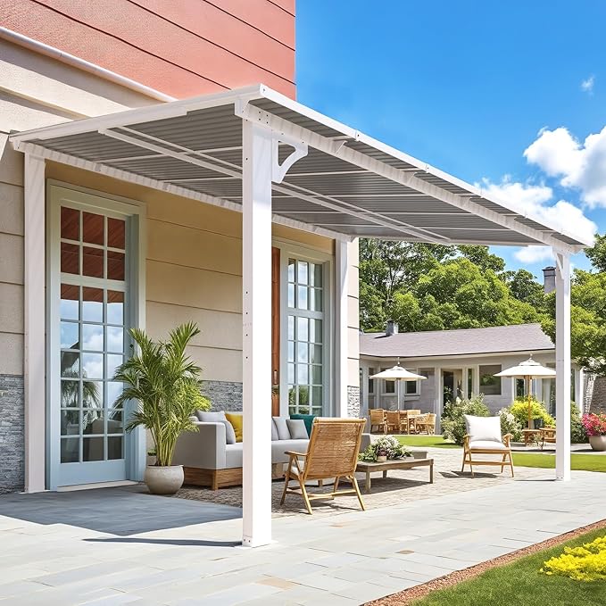 AECOJOY 12' x 8' Outdoor Gazebo Pergola for Patio, Large White Hardtop Lean to 8x12 Gazebo Shelter Pergolas and Gazebos Clearance with Patio Roof, Wall-Mounted Heavy Duty Awnings for Backyard AECOJOY
