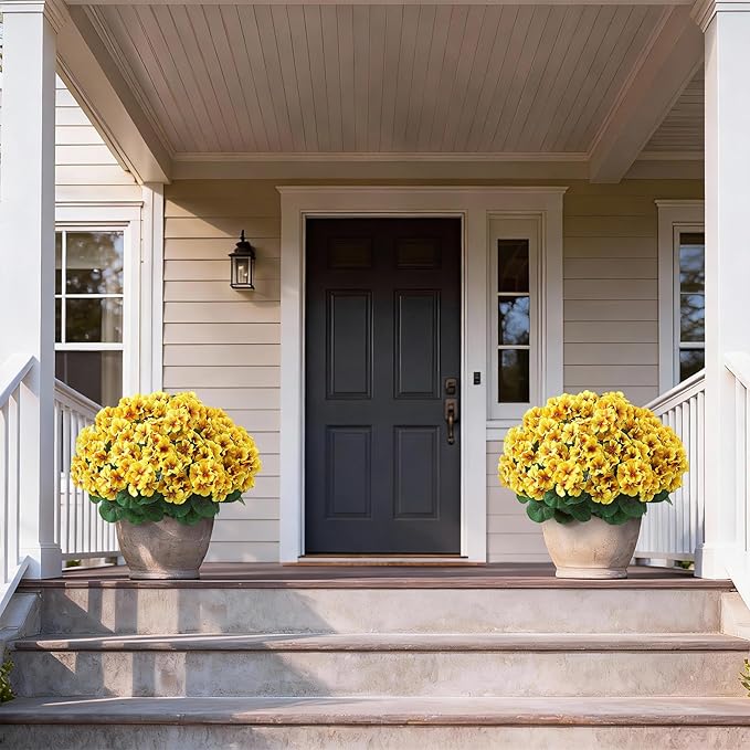 2 Pack Artificial Geranium Flowers Topitary Trees for Outdoors, UV Resistant Geraniums Potted Bushes Look Real Silk Faux Plants for Front Door Garden Porch Planter Farmhouse Home Decor (Yellow) GLIDLION