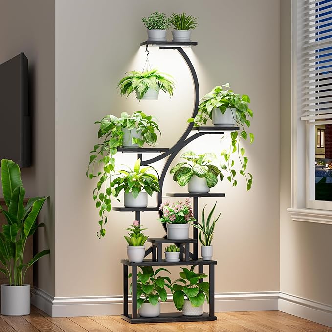 Plant Stand Indoor with Grow Lights - 62" Tall Plant Shelf, Lighted Corner Plant Stands for Indoor Growing, 8 Tiered Large Flower Holder, S-Shaped Plants Rack for Living Room, Patent Design, Black BACEKOLL