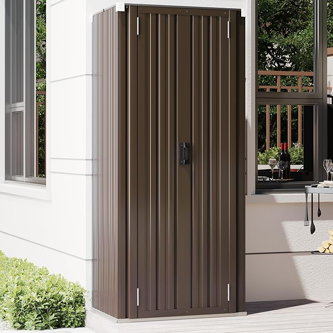AECOJOY Outdoor Storage Cabinet Waterproof with Adjustable Shelves, Vertical Tall Garden Outdoor Cabinet, Sheds & Outdoor Storage Clearance Cabinet Weatherproof for Outside in Brown AECOJOY