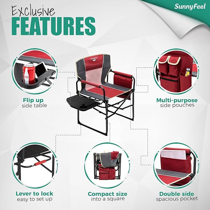 SUNNYFEEL Camping Directors Chair, Heavy Duty,Oversized Portable Folding Chair with Side Table, Pocket for Beach, Fishing,Trip,Picnic,Lawn,Concert Outdoor Foldable Camp Chairs SunnyFeelCamping