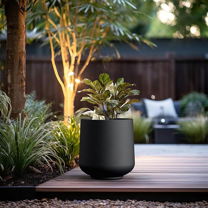 Kante 15.3" Dia Round Concrete Planter, Outdoor Indoor Large Plant Pots Containers with Drainage Hole and Rubber Plug for Home Garden Patio, Black Kante
