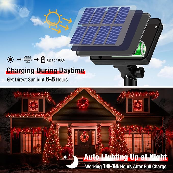 btfarm 4 Pack Solar String Lights Outdoor - 320LED 132FT Solar Fairy Lights Outside Waterproof 8 Modes, Copper Wire Solar Powered Twinkling Lights for Tree Garden Christmas Wedding Party Decor, Red btfarmdecorativelighting