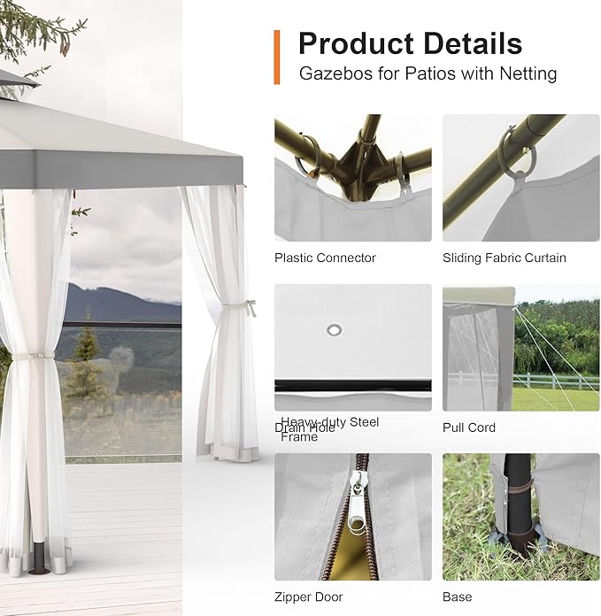 Patio Gazebo Tent Outdoor Canopy Shelter 10'x10' with Removable Netting,100 Square Feet of Shade for Garden, Backyard Deck and Lawns (Gray) GOJOOASIS