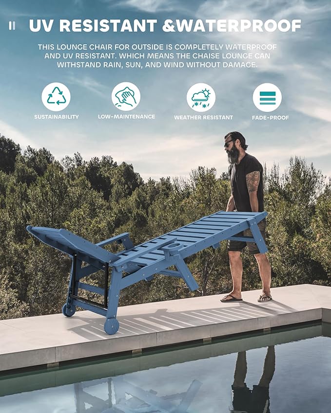 SERWALL Patio Chaise Lounge Chair Set of 2 with 9FT Patio Umbrella, 78'' HDPE Outdoor Lounger, Poly Lounge Chair with Rolling Wheels & Cup Holder for Pool,Blue (Umbreall Base not Included) SERWALL