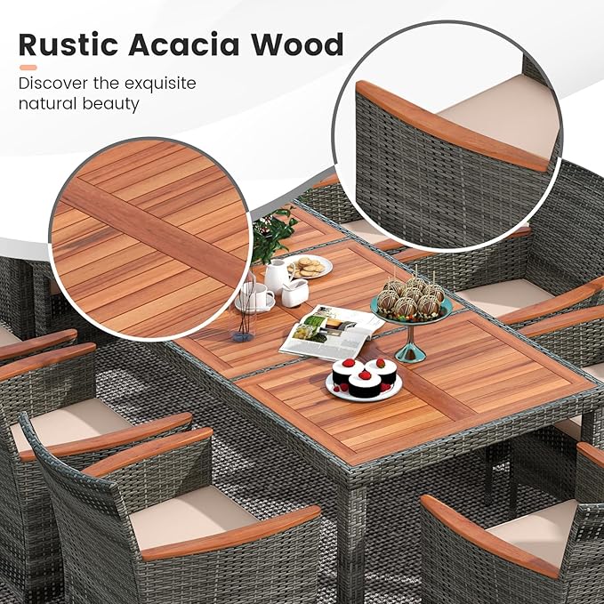 Tangkula 10 Pieces Patio Wicker Dining Set w/Double-Sided Patio Umbrella, Outdoor Acacia Wood Furniture Set w/ 8 Armchairs, 71” Dining Table & 15 ft Umbrella with Weighted Base (Beige) TANGKULA