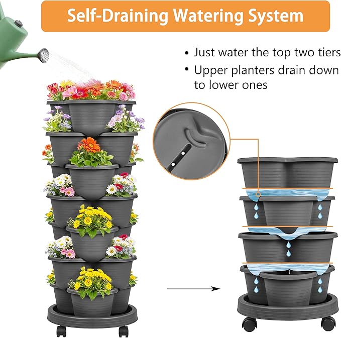 VECELO 7 Tier Vertical Garden Planter, Self Watering Stackable Planters with Wheels for Strawberries, Herbs, Flowers, Vegetables, Dark Gray VECELO