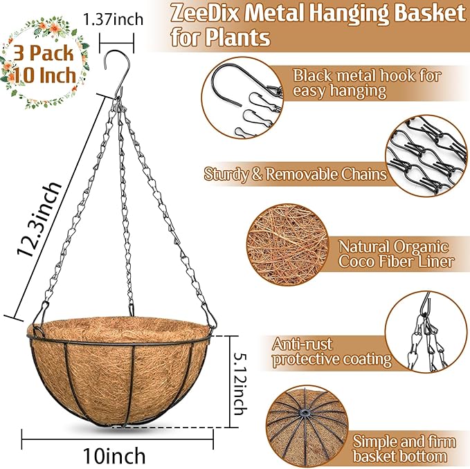 ZeeDix 3 Pack 10 Inch Metal Round Hanging Planter Basket with Coconut Liners Replacement, Hanging planters Baskets with Natural Coco Liner for Outdoor Indoor Planters Flowers Vegetables ZeeDix