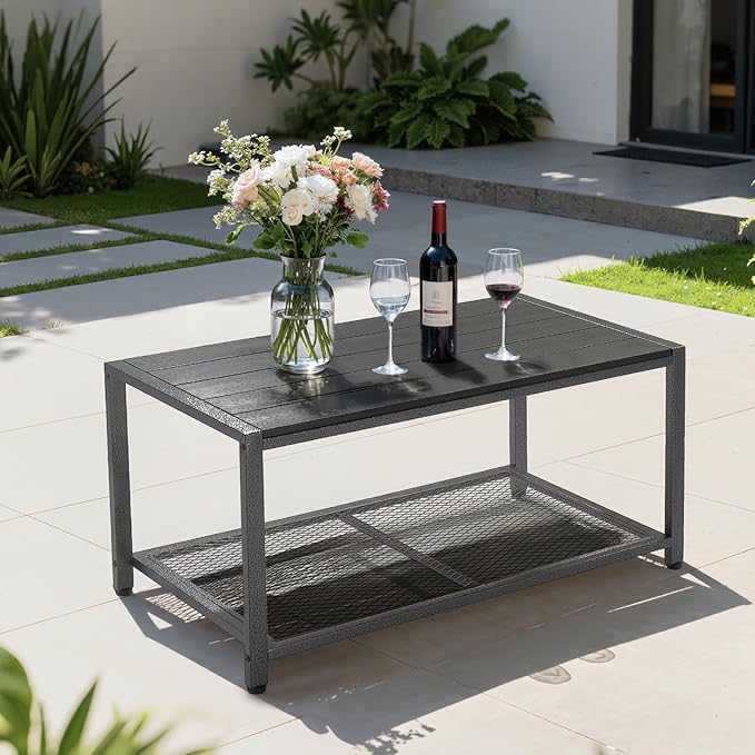 VINGLI Outdoor Coffee Table with Double-Layer Storage, Rectangle Weather-Resistant Patio Coffee Table for Garden, Balcony, Hot Tub, Poolside, Heavy-Duty Metal Frame, Black Modern Design VINGLI