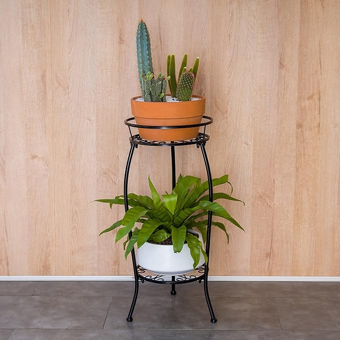 FaithLand Plant Stand, Metal Planter Holder Indoor Outdoor, 2 Tier Round Potted Supports Rack, Corner Display Shelf Black, Tall FaithLand