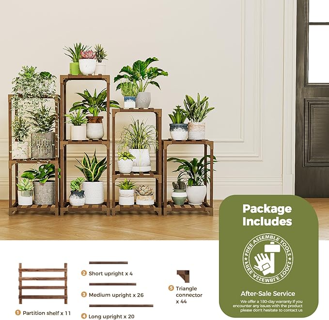 Bamworld Plant Stands Indoor 4 Sets Plant Shelves Outdoor Wooden Plant Holder for Multiple Plants Flower Stands Window Bamworld