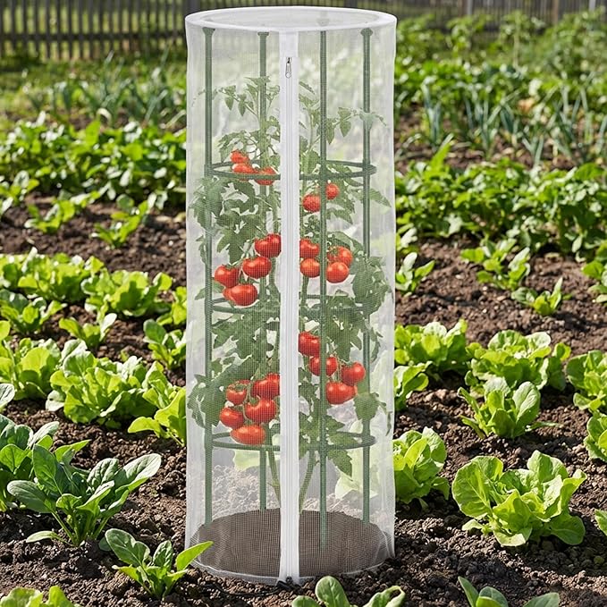 4 Pcs Garden Bird Netting Cover for Round Tomato Cage, 59" x 18" Tomato Trellis Insect Barrier Protection Mesh, Plant Cage Garden Net Cover with Zipper for Vertical Climbing Plants Vegetables Fruits PurpleStar