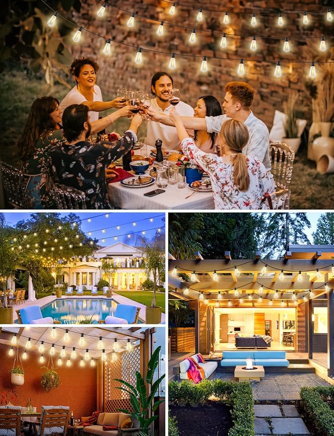 Brightever 50FT Outdoor String Lights with Remote, LED String Lights for Outside with 16 Shatterproof ST38 Vintage Edison Bulbs, 3 Modes 2 Timer Dimmable Outside Lighting for Patio, Gazebo, Deck, Yard Brightever