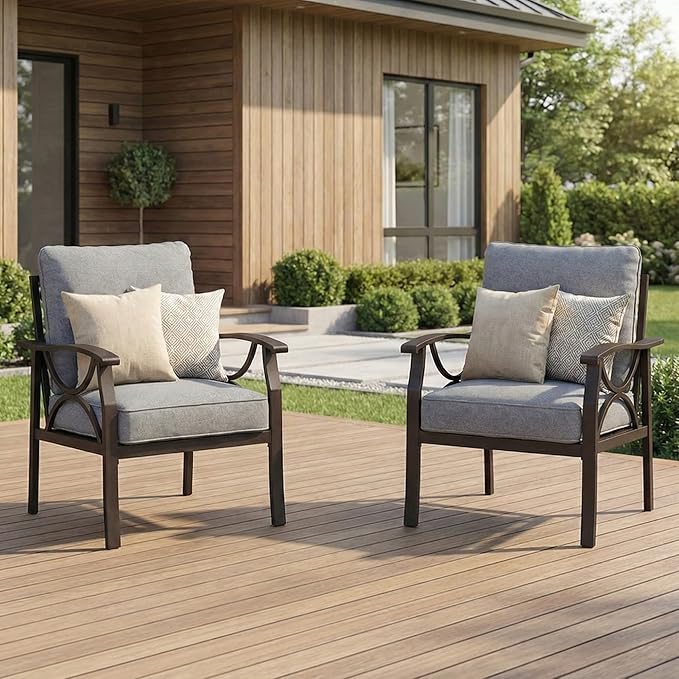 RoyalCraft 2 Pieces Outdoor Single Sofa,All-Weather Patio Metal Armchair,Khaki Metal Furniture with Gray Cushions Bringyoubetterlife