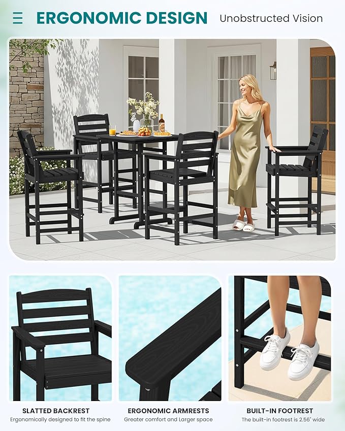 SERWALL 5-Piece Adirondack Bar Chairs Set, HDPE Adirondack Barstools with Pub Table, Outdoor Patio Bar Furniture for Bistro, Balcony, Poolside, Garden - Black SERWALL