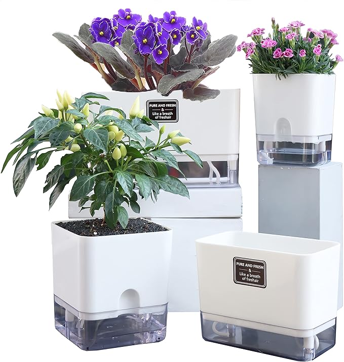 FAMZ Self Watering Planters 4 Pack，Self Watering Pots for Indoor Plants，Automatic Moisturizing，Transparent Square Flower Pot for Indoor and Outdoor Plants，Succulents，Violets，Ivy FAMZ