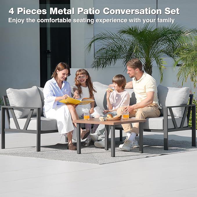 Outdoor Furniture Set, 6 Pieces Outdoor Couch Sectional, L Shaped Metal Patio Corner Sofa with 6” Thick Cushions, Patio Seating Conversation Set, Light Grey COMLAXFIELD