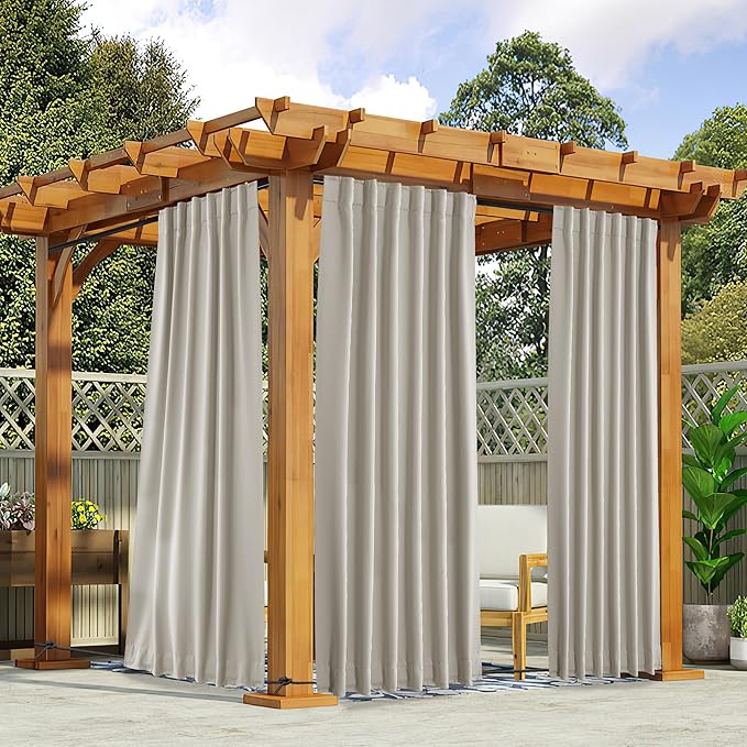 NICETOWN 2 Panels Natural Gazebo Curtains Outdoor Waterproof & Windproof, Top & Bottom Rod Pocket & Back Tab Windproof Privacy Outdoor Curtains Blackout Blinds with Fixed Rope for Patio, W52 x L95 NICETOWN