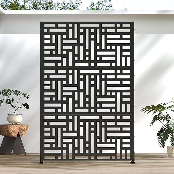 Casaphoria Metal Privacy Screen Outdoor, 72" H x 47" W Freestanding Decorative Privacy Screen for Patio Deck Balcony Garden with Stable Base, Black Helen Casaphoria