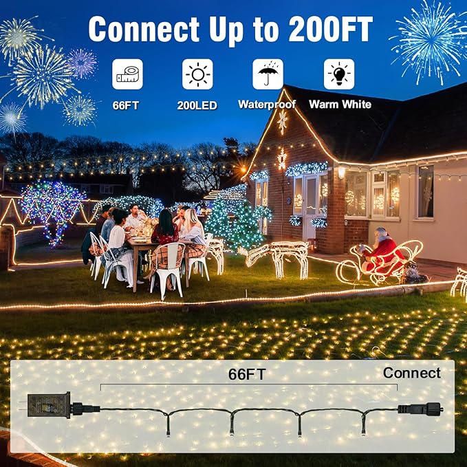 Nisocy 200 LED Christmas Connectable String Lights Outdoor Waterproof – Warm White Fairy Lights with Plug, Tree Lights for Patio, Garden, Bedroom, Wedding, Party, Decor (66FT) NISOCYLighting