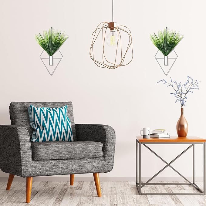 2 Pieces Wall Decor Hanging Planters with Artificial Plants Metal Hanging Vase Indoor Plants Holder Modern Boho Wall Art for Bathroom Bedroom Living Room Decor(Silver,Aquatic Plant) Canlierr