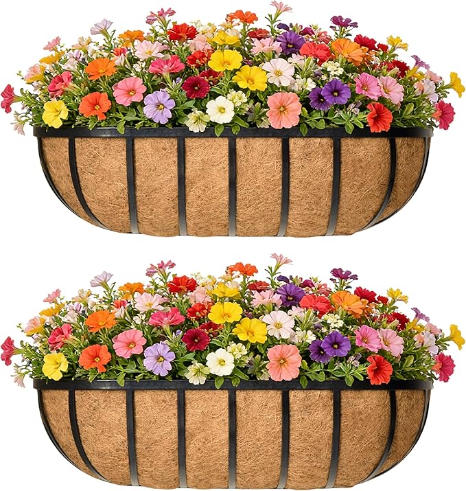 English Inviting Horse Trough Balcony Planter With Coconut LinerMetal Wall-Mounted Planter Box Deck Window Box 16 Inch (2 Pack) EIMQUVW