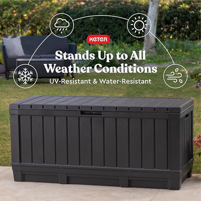 Keter Kentwood 92 Gallon Resin Deck Box-Organization and Storage for Patio Furniture Outdoor Cushions, Throw Pillows, Garden Tools and Pool Floats, Dark Grey Keter