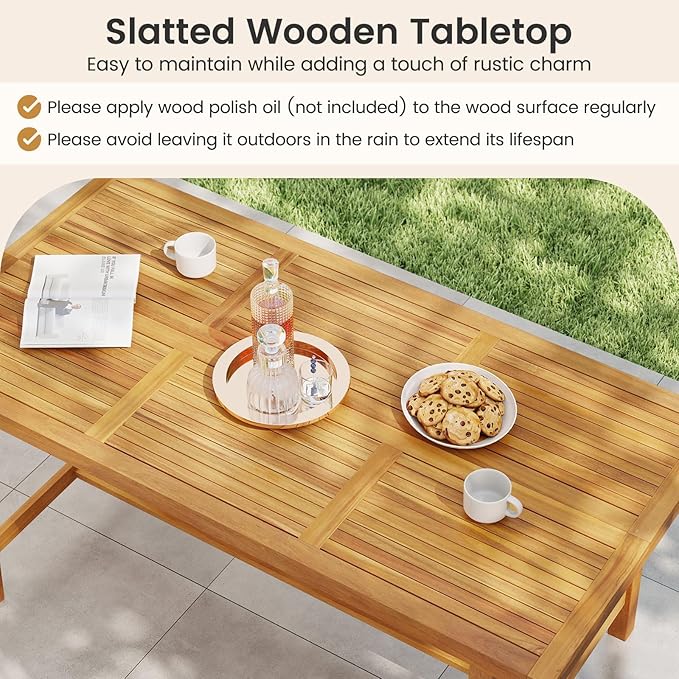 Tangkula 7 Piece Patio Dining Set for 6 People, 63” Outdoor Rectangular Acacia Wood Table with 1.97” Umbrella Hole & 6 Armchairs with Padded Seat Cushions, for Deck Yard and Poolside TANGKULA