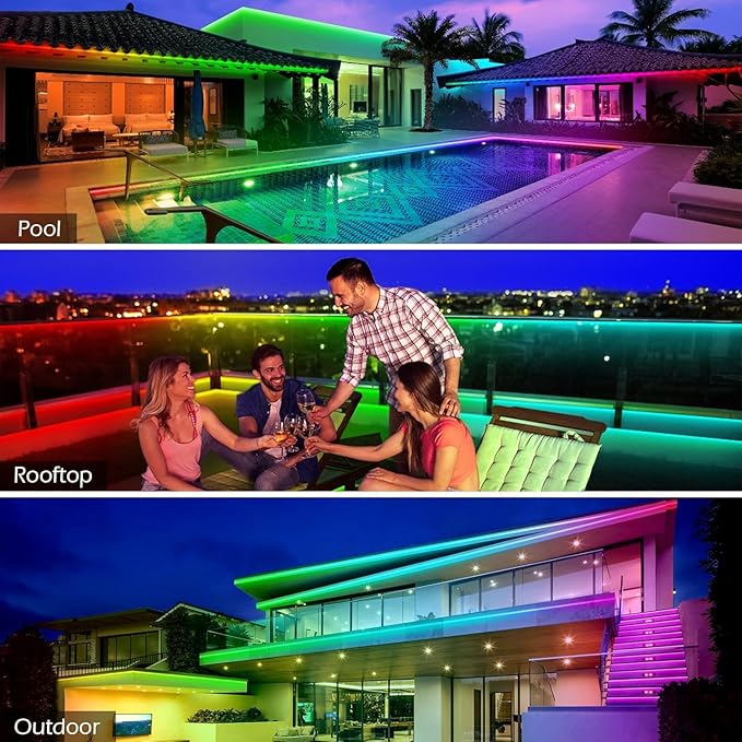 Outdoor LED Strip Lights Waterproof,IP68 Outside Led Light Strips Waterproof with Bluetooth App Remote Control,Music Sync RGB Exterior Led Rope Lights,for Balcony,Deck,Roof,Garden,Pool (200FT Outdoor) AILBTON