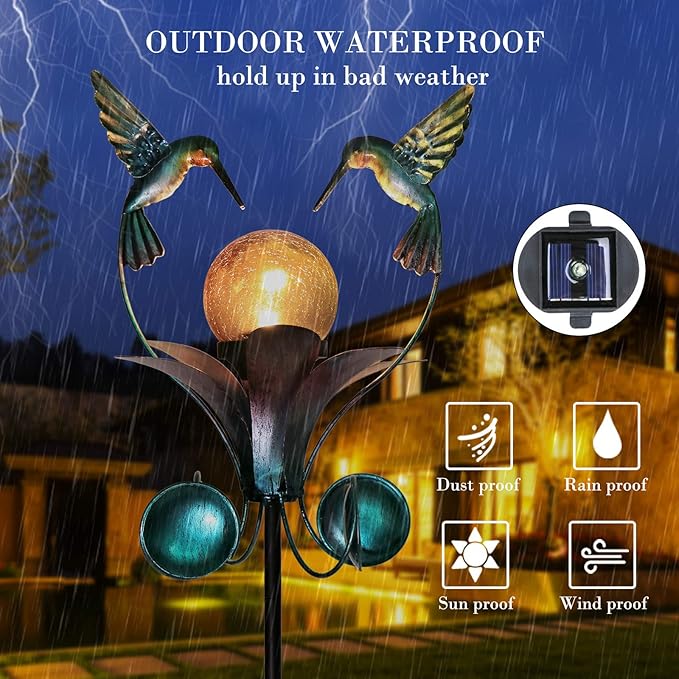 VCUTEKA Solar Lights Outdoor Metal Garden Stake Waterproof Crackle Glass Globe Garden Decor Hummingbird for Pathway, Lawn, Patio, Yard VCUTEKA